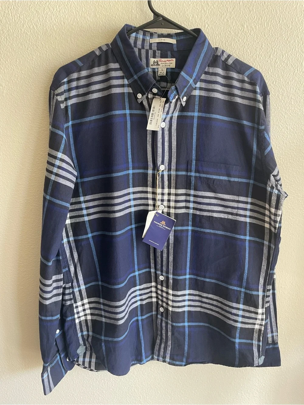 NWT J.Crew x Thomas Mason Blue White Plaid button up Dress Shirt L